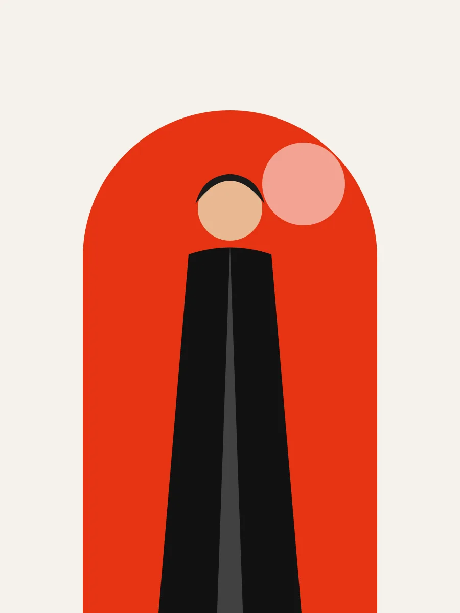 Illustration: Frau im Mantel vor einem Bogen